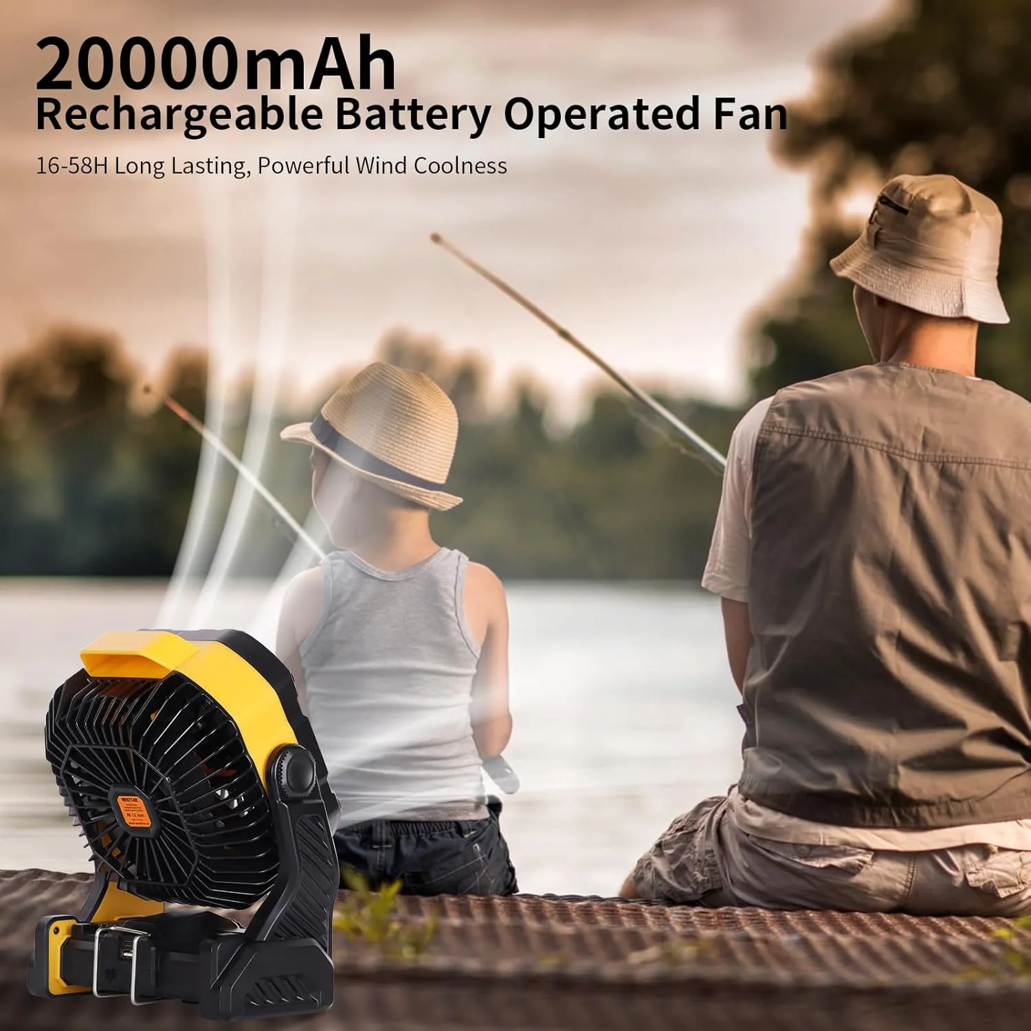 20000mAh Camping Fan with LED Lantern USB Tpye C Rechargeable Battery Operated Outdoor Tent Fan with Light & Hook, 270 Pivot 4 Speeds, Personal USB Desk Fan for Camping Yellow X26A