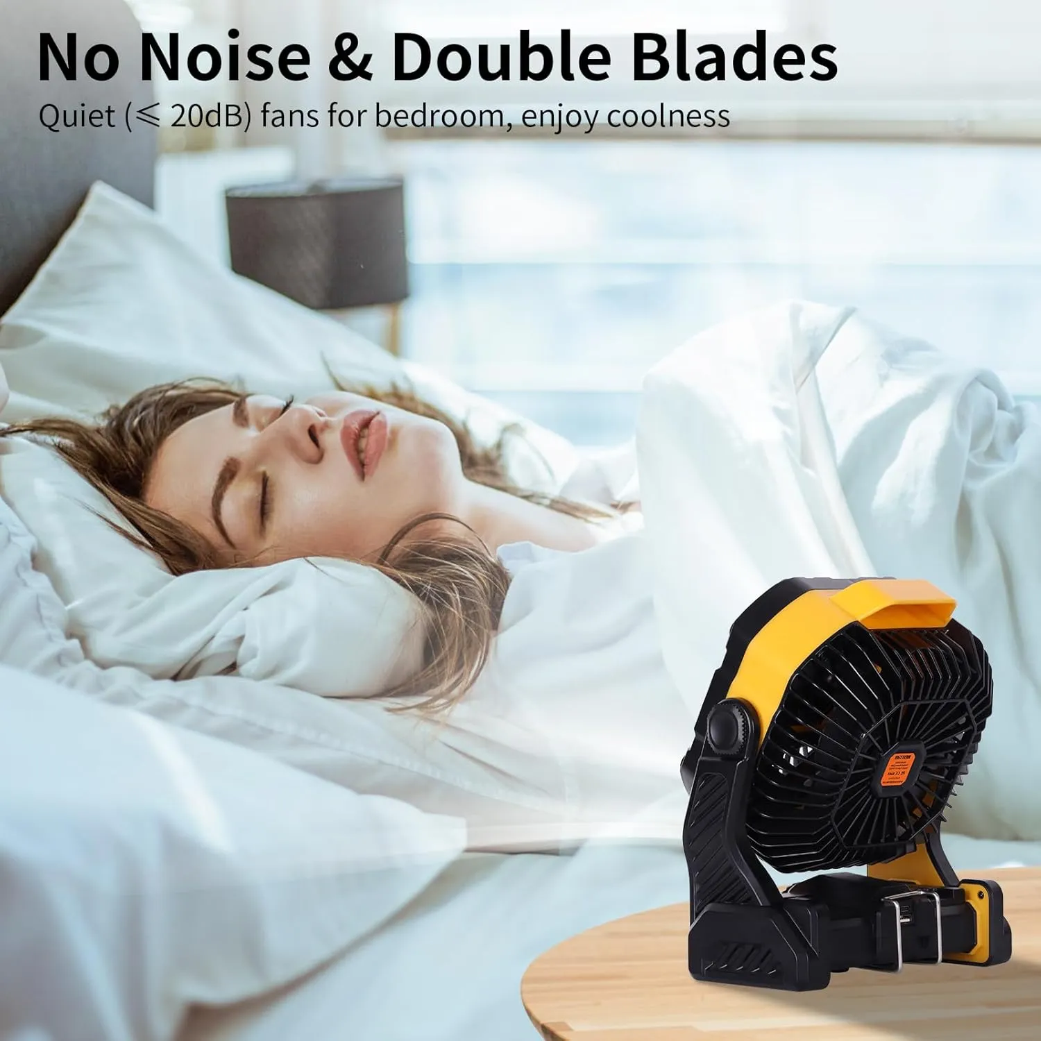 20000mAh Camping Fan with LED Lantern USB Tpye C Rechargeable Battery Operated Outdoor Tent Fan with Light & Hook, 270 Pivot 4 Speeds, Personal USB Desk Fan for Camping Yellow X26A