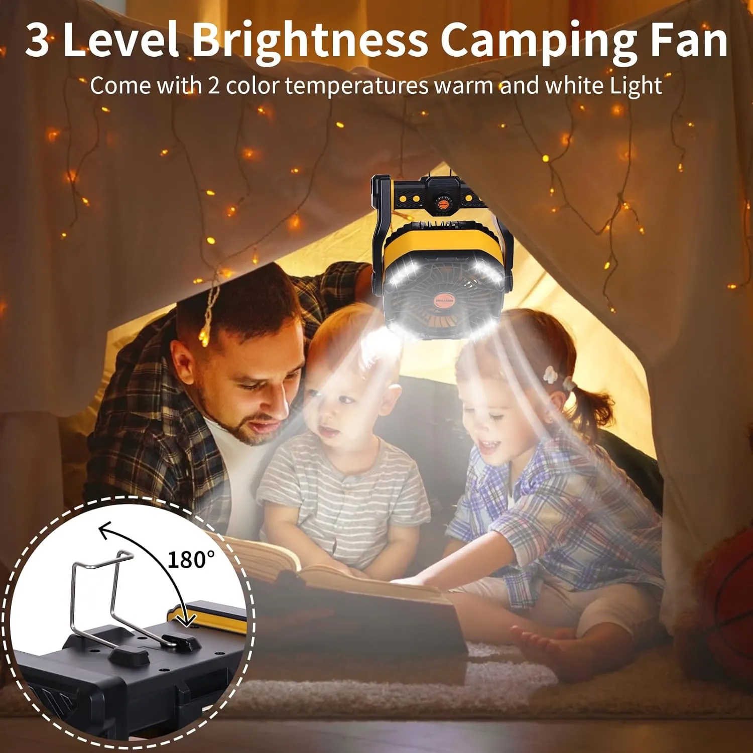 20000mAh Camping Fan with LED Lantern USB Tpye C Rechargeable Battery Operated Outdoor Tent Fan with Light & Hook, 270 Pivot 4 Speeds, Personal USB Desk Fan for Camping Yellow X26A