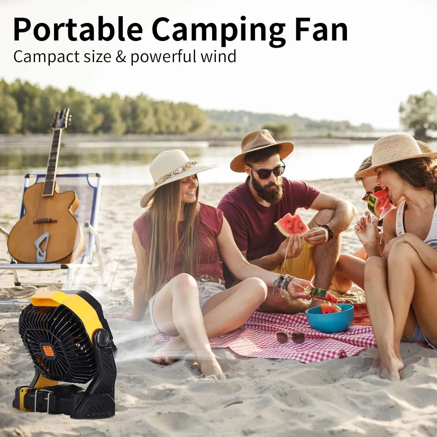 20000mAh Camping Fan with LED Lantern USB Tpye C Rechargeable Battery Operated Outdoor Tent Fan with Light & Hook, 270 Pivot 4 Speeds, Personal USB Desk Fan for Camping Yellow X26A