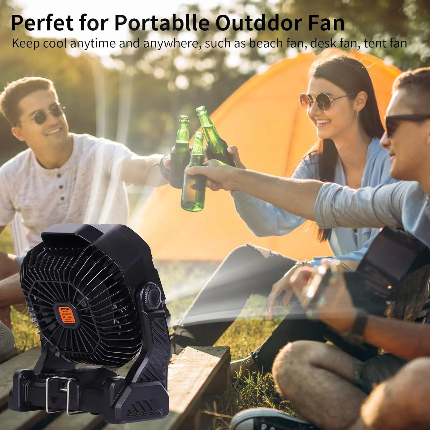 20000mAh Camping Fan with LED Lantern USB TpyeC Rechargeable Battery Operated Fan Outdoor Fans with Light & Hook,4 Speeds Personal USB Desk for Camping Black X26A