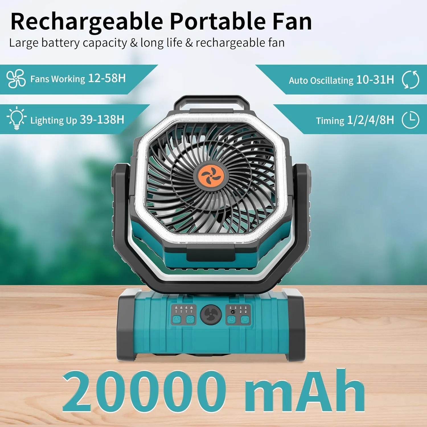 20000mAh Outdoor Camping Fan Battery Operated,Portable Rechargeable Battery Powered Fan with LED Light,360Oscillating & 8H Timer USB Rechargeable Personal Cordless Travel Fans with Hook F6 Cyan