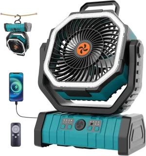 20000mAh Outdoor Camping Fan Battery Operated,Portable Rechargeable Battery Powered Fan with LED Light,360Oscillating & 8H Timer USB Rechargeable Personal Cordless Travel Fans with Hook F6 Cyan Battery-powered portable fan
