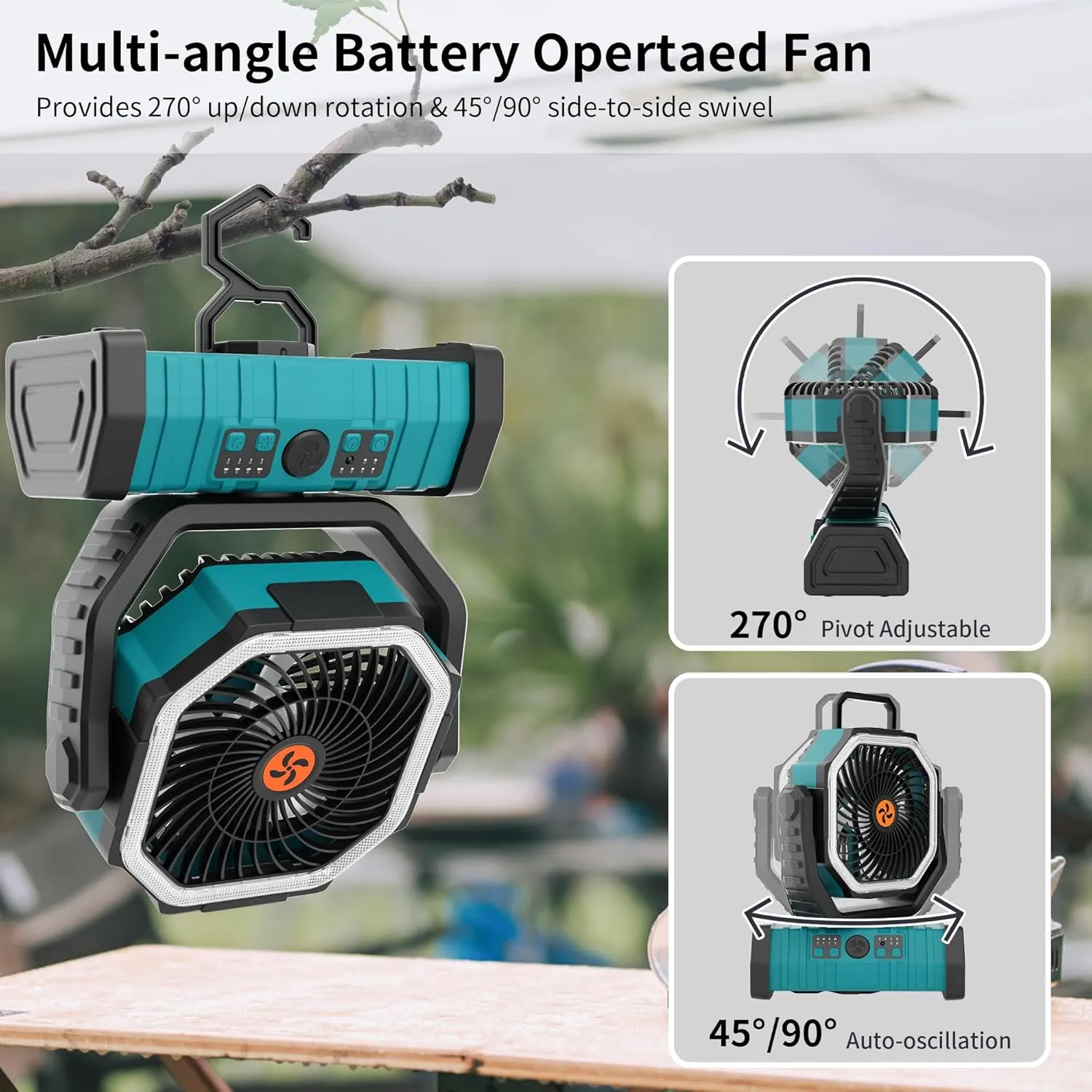 20000mAh Outdoor Camping Fan Battery Operated,Portable Rechargeable Battery Powered Fan with LED Light,360Oscillating & 8H Timer USB Rechargeable Personal Cordless Travel Fans with Hook F6 Cyan