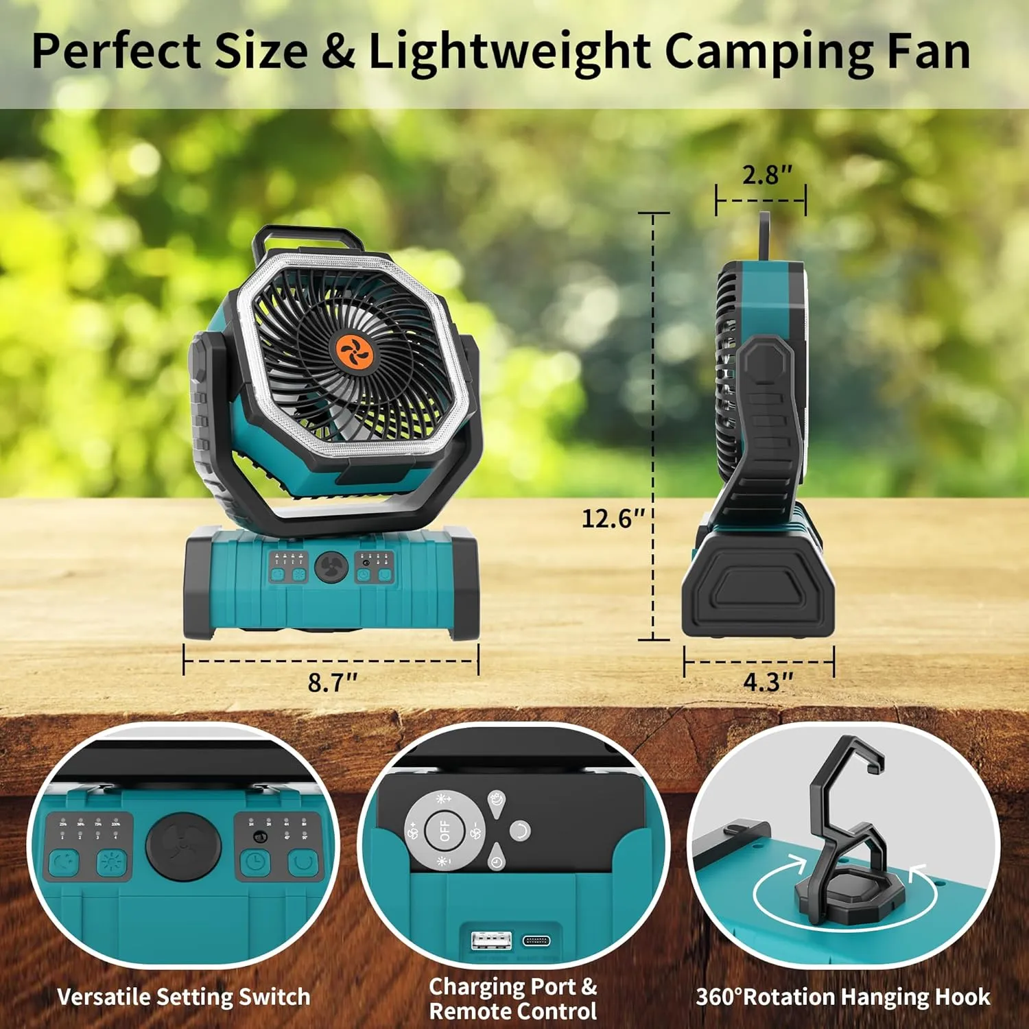 20000mAh Outdoor Camping Fan Battery Operated,Portable Rechargeable Battery Powered Fan with LED Light,360Oscillating & 8H Timer USB Rechargeable Personal Cordless Travel Fans with Hook F6 Cyan