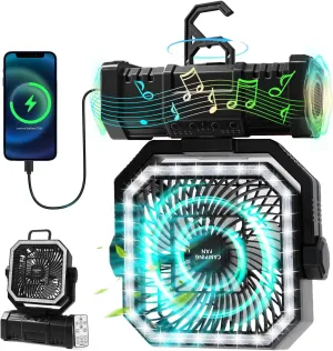20000mAh Portable Camping Fan, Rechargeable Battery Operated Oscillating Tent Fan W/Bluetooth Speaker, 4 Speeds, LED lights & 360 Rotation Hook for Outdoor RV Travel Essentials, Black 360-degree rotating fan for home use