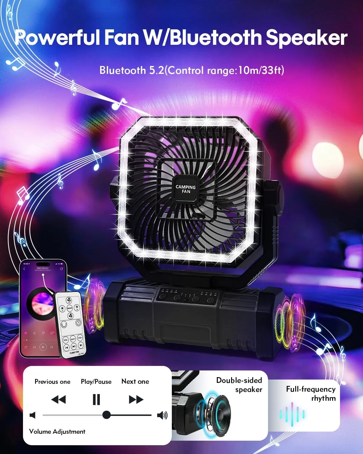 20000mAh Portable Camping Fan, Rechargeable Battery Operated Oscillating Tent Fan W/Bluetooth Speaker, 4 Speeds, LED lights & 360 Rotation Hook for Outdoor RV Travel Essentials, Black