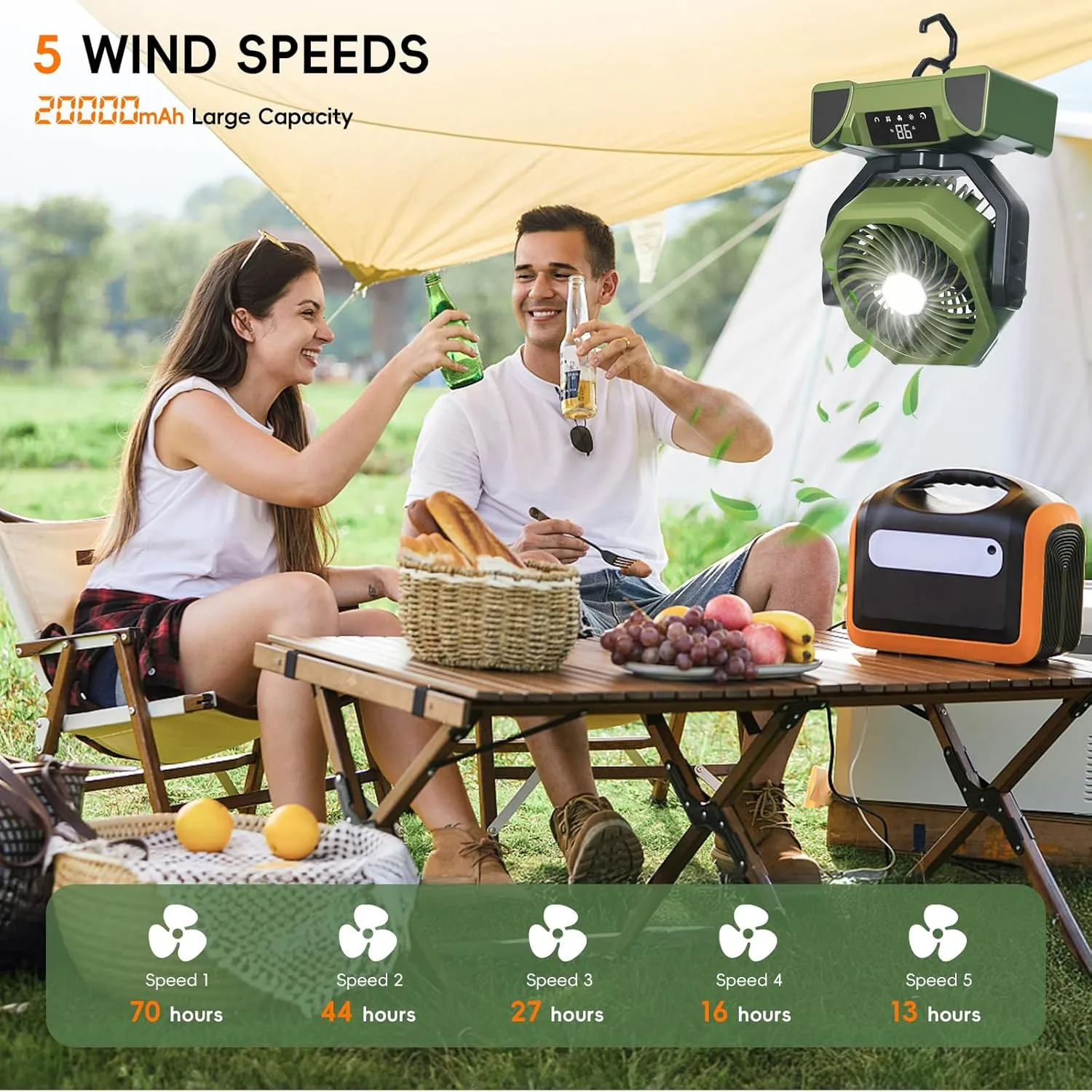 20000mAh Portable Camping Fan, Rechargeable Battery Powered Fan with Remote Control & Oscillating, LED Display, Light, Timer, Rotation, Hanging Hook for Outdoor Camp, Beach, Travel Tent