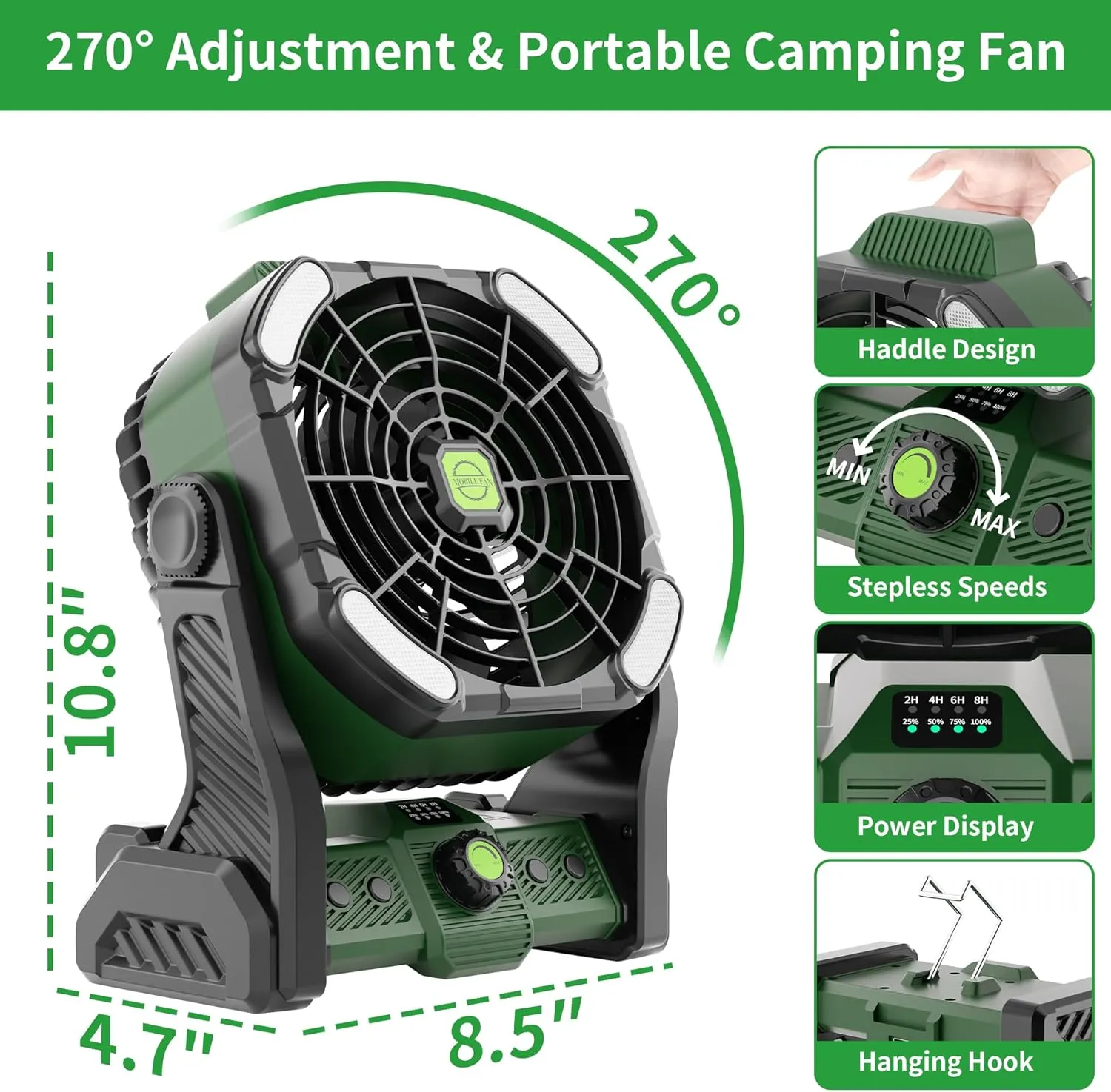 20000mAh Portable Camping Fan Rechargeable Portable fans for Travel Battery Powered Fan with LED Lantern,270 Rotation,USB Desk Battery Rechargeable Tent for camping essentials with Hook