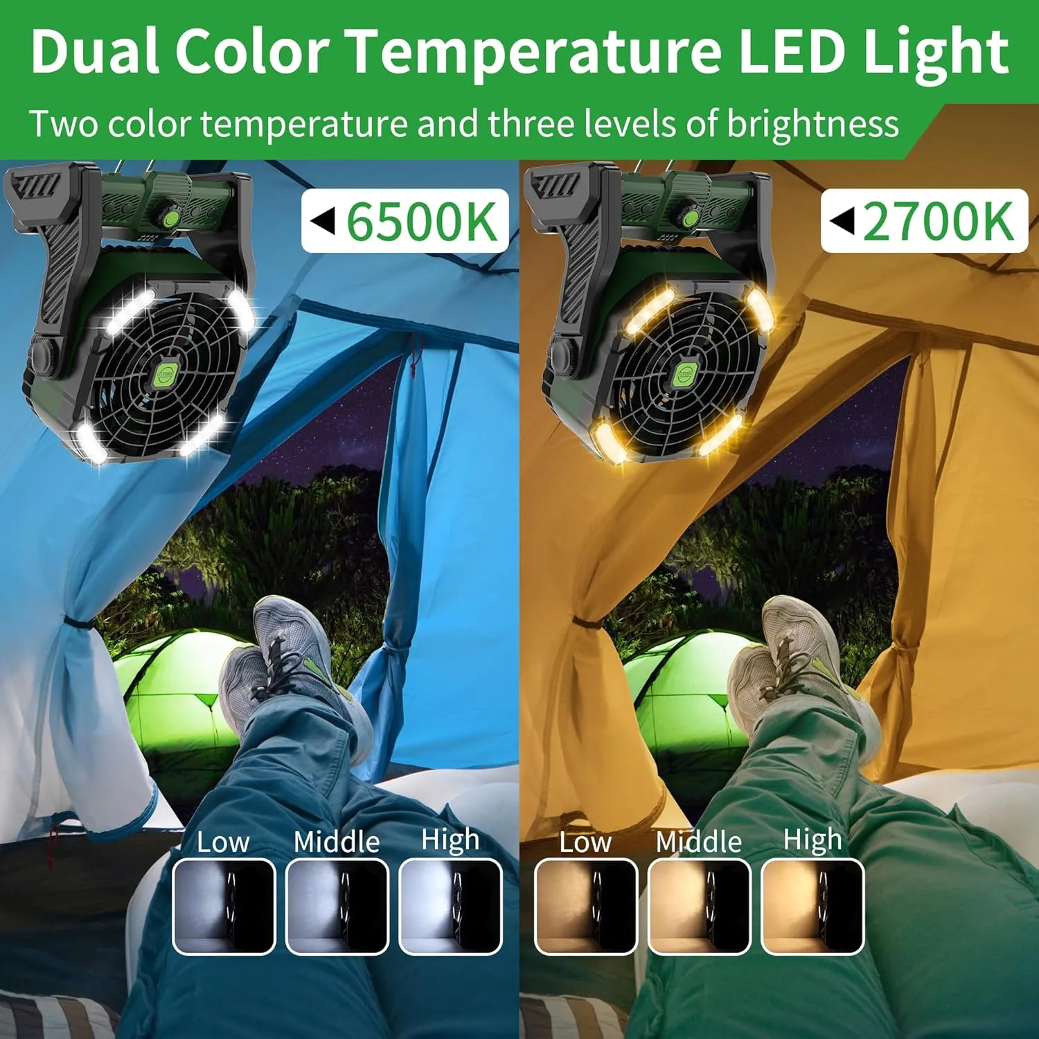 20000mAh Portable Camping Fan Rechargeable Portable fans for Travel Battery Powered Fan with LED Lantern,270 Rotation,USB Desk Battery Rechargeable Tent for camping essentials with Hook