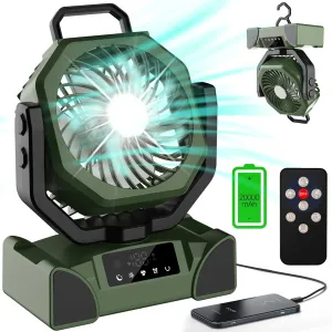 20000mAh Portable Camping Fan Rechargeable,Max 68 Hrs Runtime Battery Operated Tent Fans with LED Lantern,5 Wind Speeds,4 Timer Modes,Desk Fan for Travel,Power Outages (Green) Battery-powered portable fan