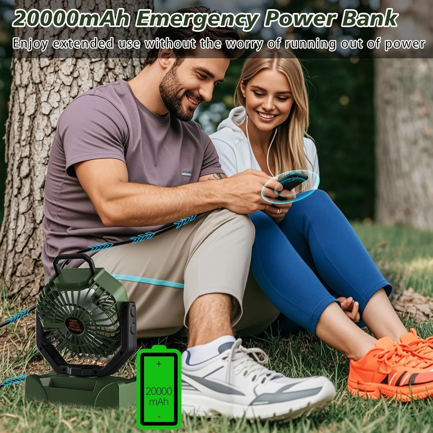 20000mAh Portable Camping Fan Rechargeable,Max 68 Hrs Runtime Battery Operated Tent Fans with LED Lantern,5 Wind Speeds,4 Timer Modes,Desk Fan for Travel,Power Outages (Green)