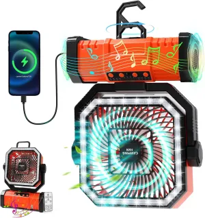 20000mAh Portable Camping Fan W/Bluetooth Speaker, Rechargeable Battery Operated Oscillating Camp Tent Fan W/Remote control, 4 Speeds, LED lights & 360 Rotation Hook for Outdoor RV Travel Battery-powered portable fan