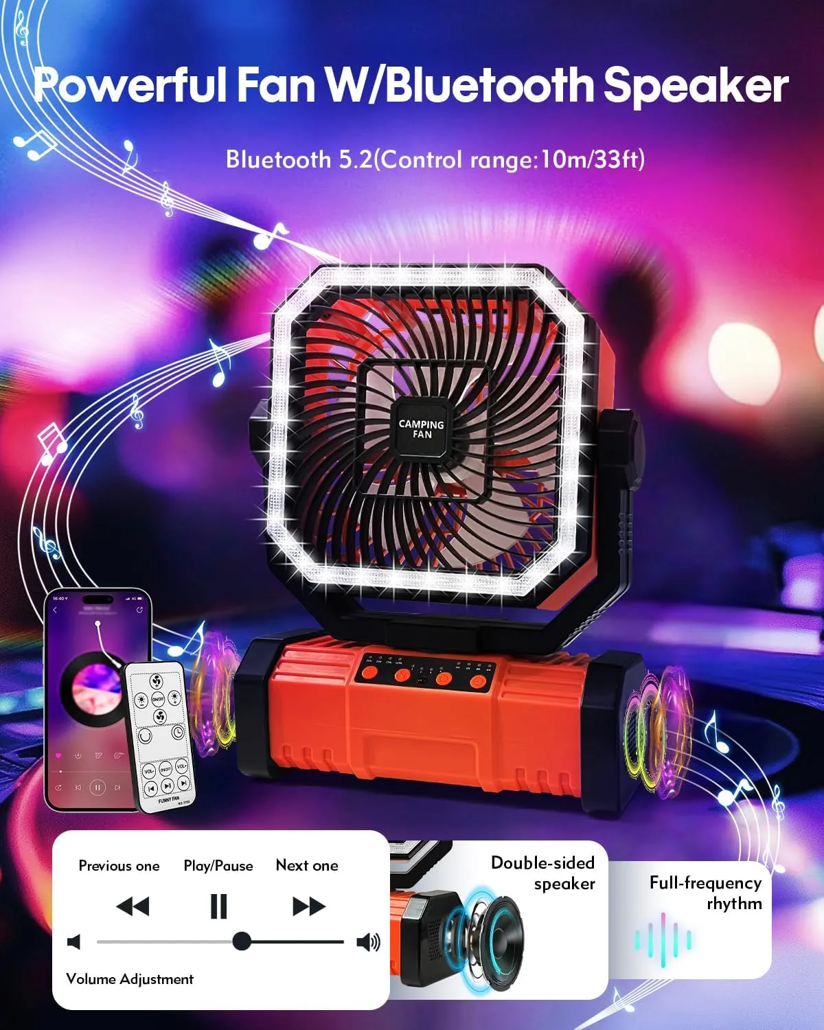 20000mAh Portable Camping Fan W/Bluetooth Speaker, Rechargeable Battery Operated Oscillating Camp Tent Fan W/Remote control, 4 Speeds, LED lights & 360 Rotation Hook for Outdoor RV Travel