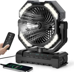 20000mAh Portable Misting Fan, USB Rechargeable Camping Fan with LED Light, Battery Operated for Outdoor, Tents, Beach, Travel - 250mL Water Tank & Hook Included, Black. Battery-powered portable fan