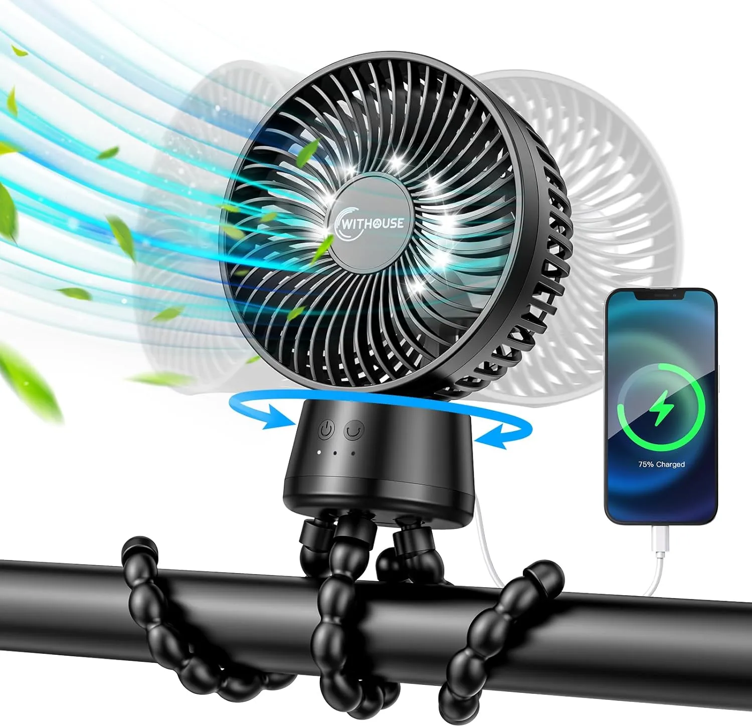 20000mAh Portable Stroller Fan, 120 Auto Oscillation, 3-IN-1 with Power Bank LED Light Detachable Flexible Tripod Rechargeable Battery Powered Clip On Fans Desk for Baby Crib Car Seat Travel Octopus-shaped decorative fan