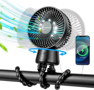 20000mAh Portable Stroller Fan, 120 Auto Oscillation, 3-IN-1 with Power Bank LED Light Detachable Flexible Tripod Rechargeable Battery Powered Clip On Fans Desk for Baby Crib Car Seat Travel Octopus-shaped decorative fan