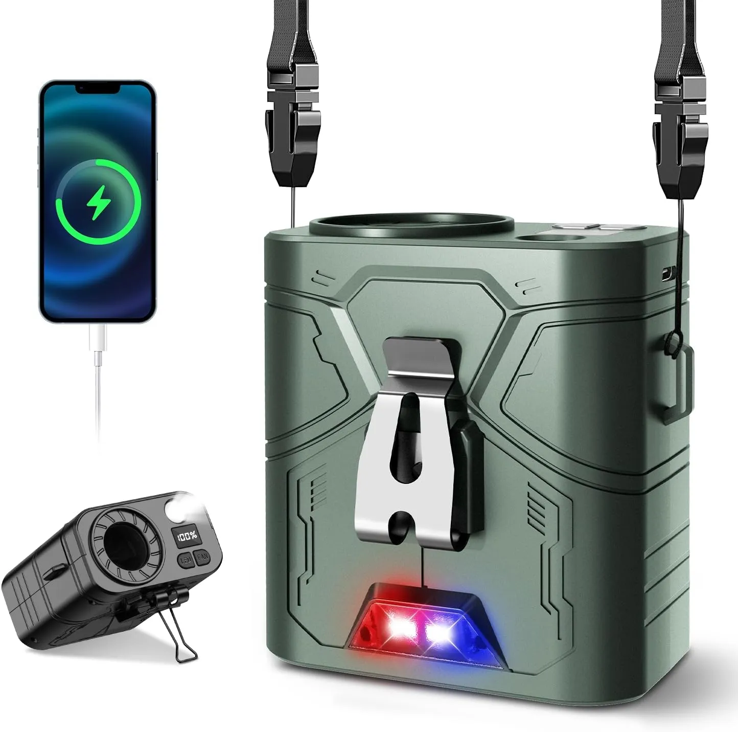 20000mAh Portable Waist Fan, Clip-On Wearable Belt Fan with 5-Speed 20000RPM Motor, Neck Hanging & Desktop Personal Fans, 60H Runtime, Hands-Free Mini Fans for Camping, Worksite, Outdoor Use Waist-mounted portable fan for outdoor use