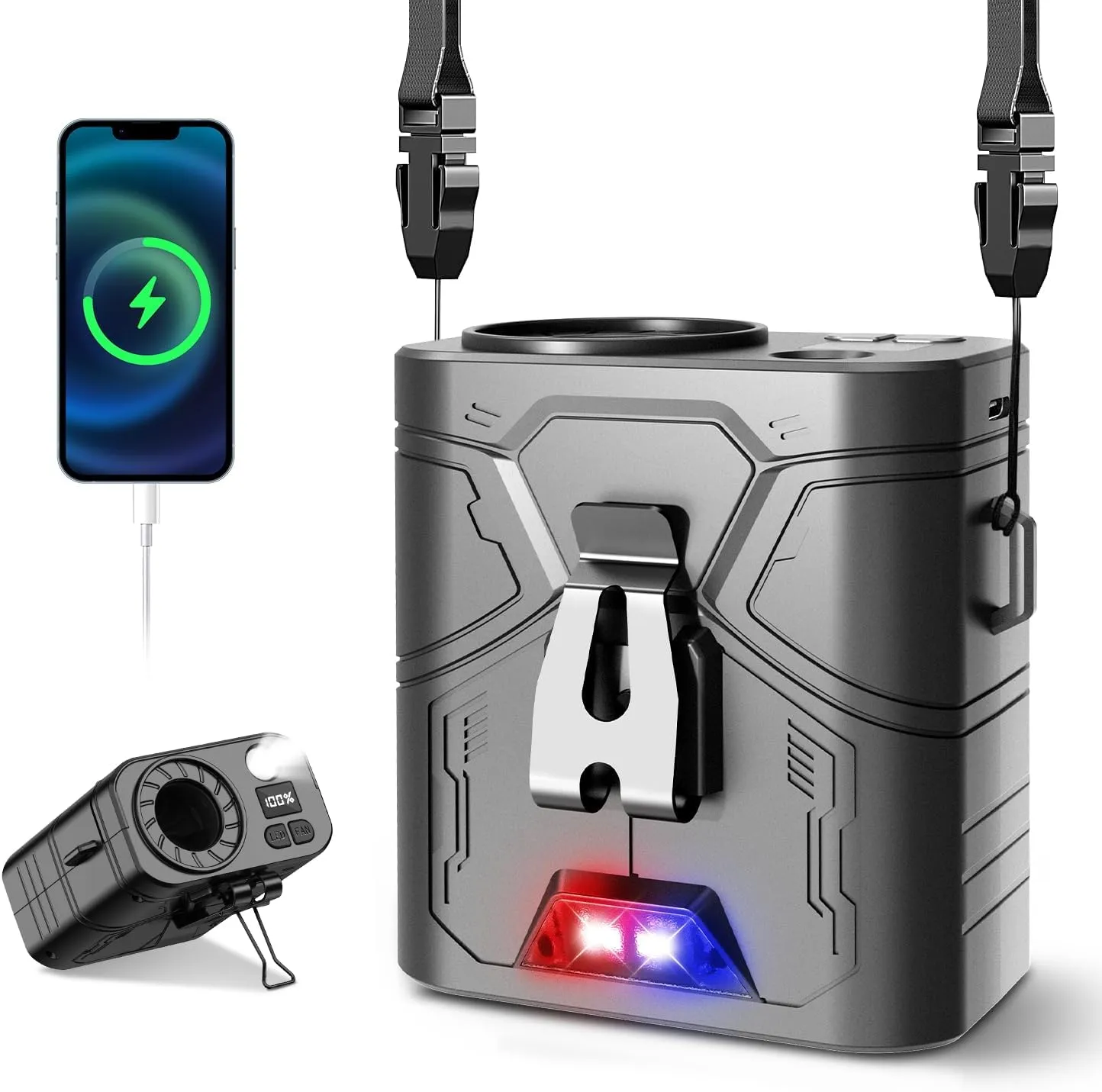 20000mAh Portable Waist Fan, Clip-On Wearable Belt Fan with 5-Speed 20000RPM Motor, Neck Hanging & Desktop Personal Fans, 60H Runtime, Hands-Free Mini Fans for Camping, Worksite, Outdoor Use Waist-mounted portable fan for outdoor use
