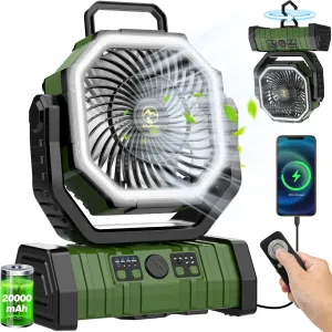 20000mAh Rechargeable Portable Camping Fan, USB Battery Operated Powered Shaking Head Fan with LED Lantern, 4 Speed 4 Timing Oscillating for Camping with Remote & Hook for Fishing,Travel, Jobsite Battery-powered portable fan