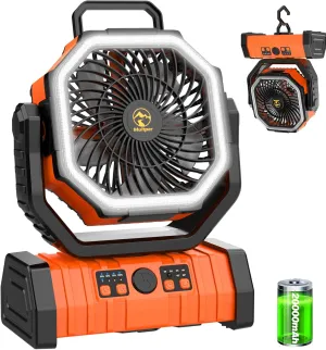 20000mAh Rechargeable Portable Camping Fan, USB Battery Operated Powered Shaking Head Fan with LED Lantern, 4 Speed 4 Timing Oscillating for Camping with Remote &Hook for Fishing,Travel,Jobsite Orange Battery-powered portable fan