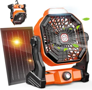 20000mAh Solar Camping Fan, 10W Solar Powered Fans with Solar Panel, Rechargeable Fan & Led Lantern, Battery Operated Powered Outdoor Tent Fans for Camping Summer Essentials (Orange) Solar-powered car fan for ventilation