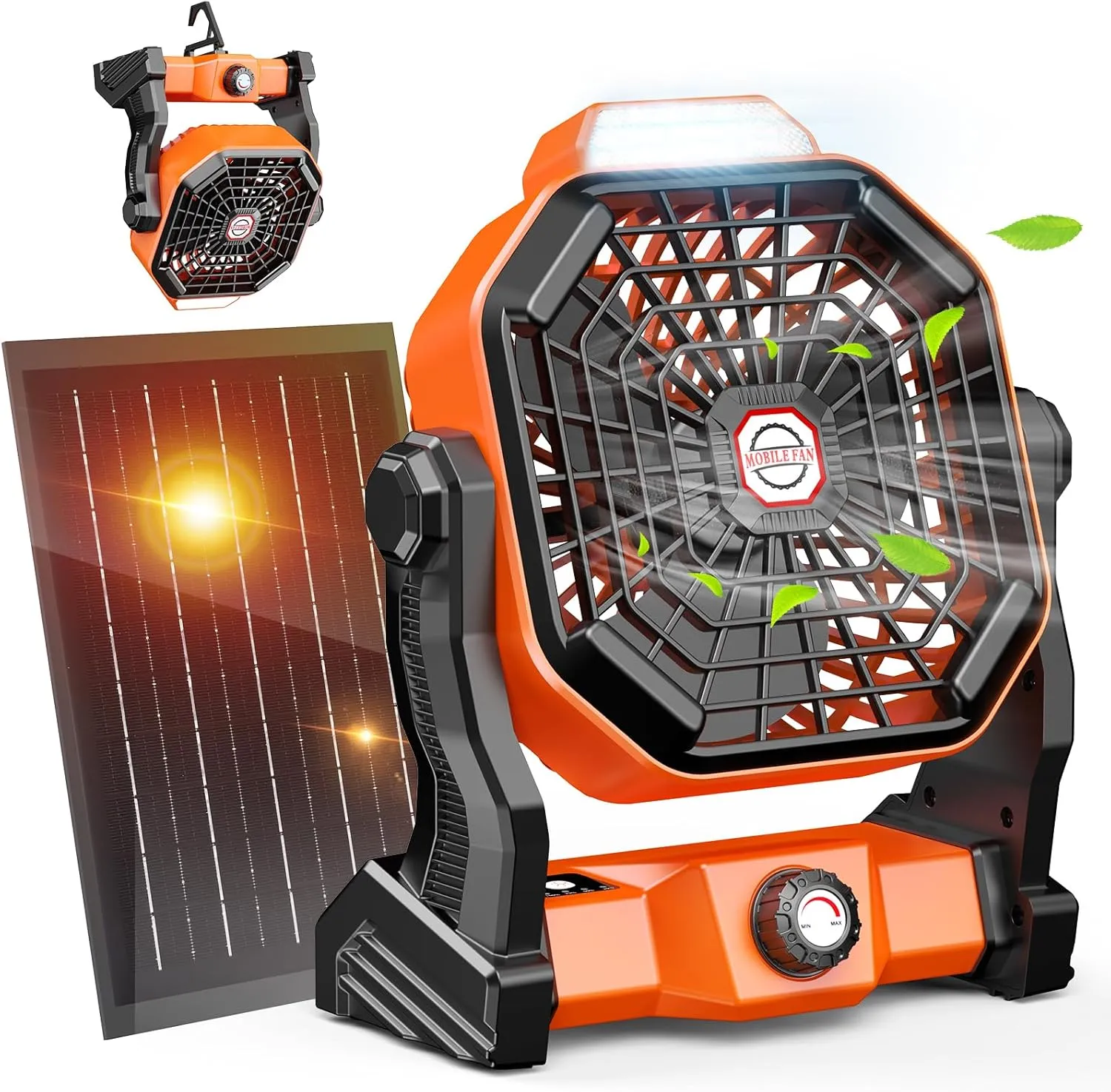 20000mAh Solar Camping Fan, 10W Solar Powered Fans with Solar Panel, Rechargeable Fan & Led Lantern, Battery Operated Powered Outdoor Tent Fans for Camping Summer Essentials (Orange) Solar-powered car fan for ventilation