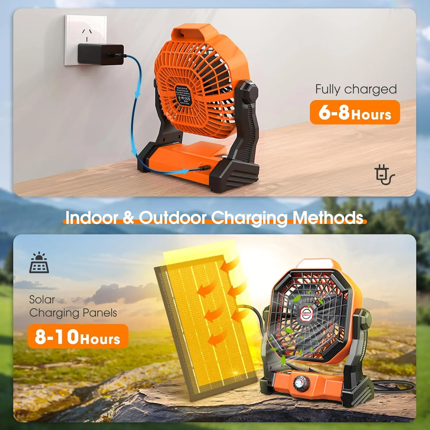 20000mAh Solar Camping Fan, 10W Solar Powered Fans with Solar Panel, Rechargeable Fan & Led Lantern, Battery Operated Powered Outdoor Tent Fans for Camping Summer Essentials (Orange)