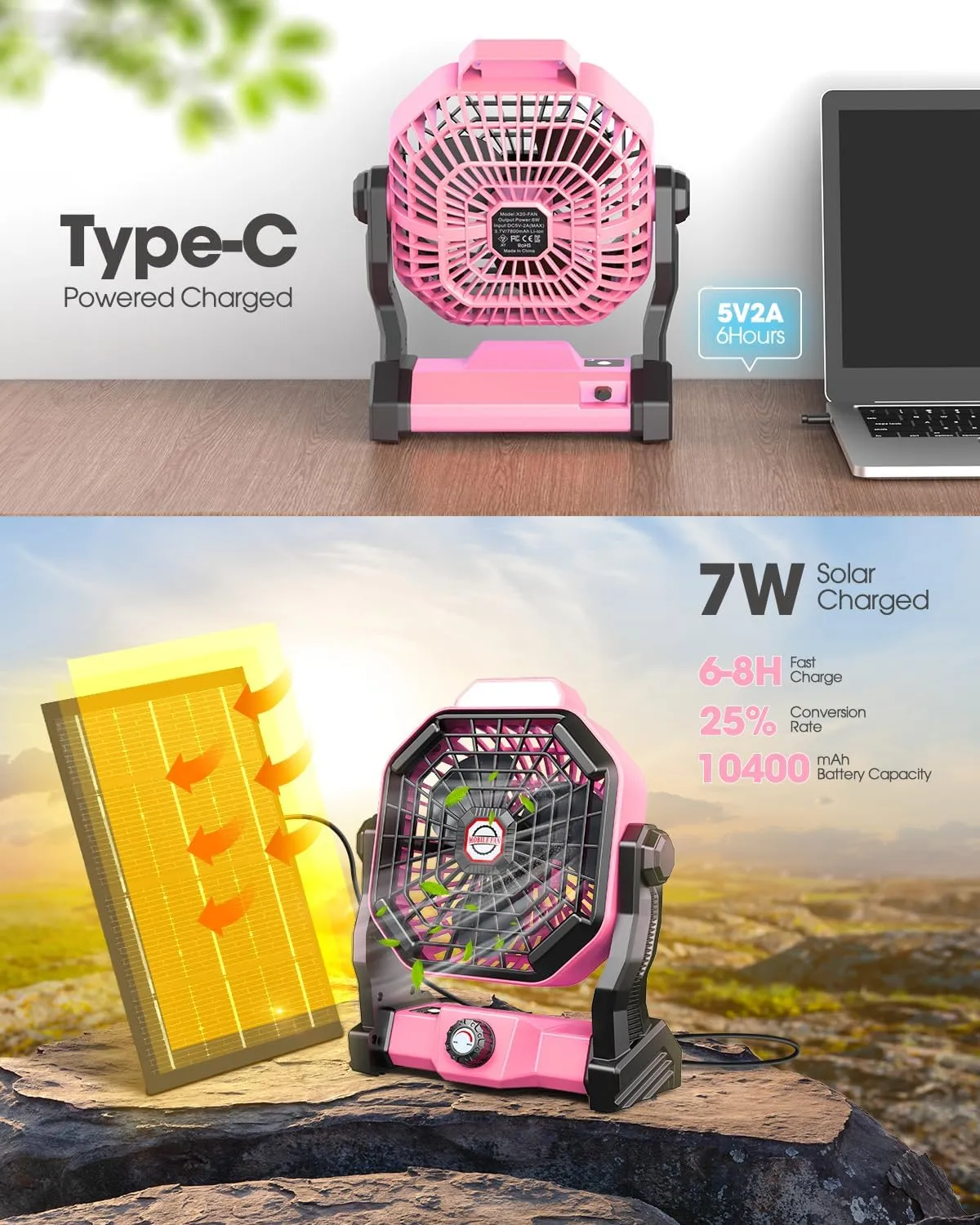 20000mAh Solar Fan, Camping Fan with Solar Panel, 7W 9-Inch Rechargeable Battery Operated Fans for Outside, LED Lantern, Stepless Speed and Quiet Battery Powered Solar Tent Fans for Outdoor, Barbecue