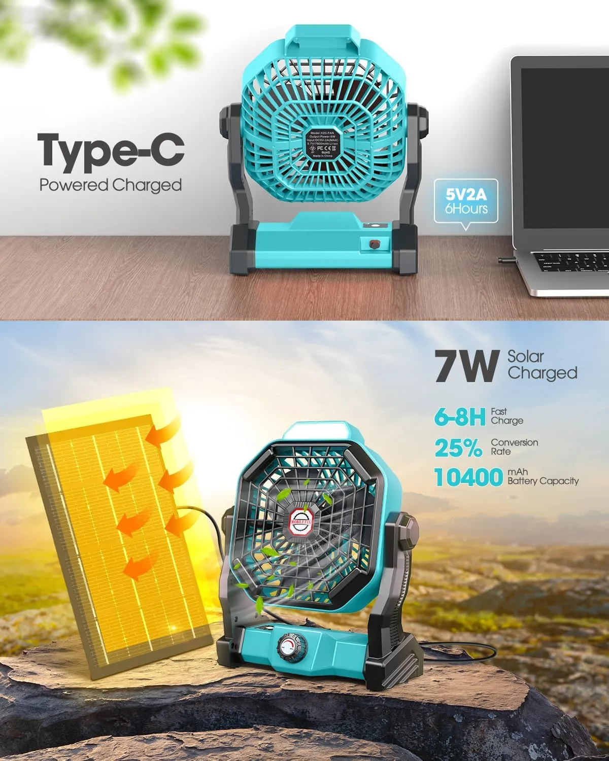20000mAh Solar Fan, Camping Fan with Solar Panel, 7W 9-Inch Rechargeable Battery Operated Fans for Outside, LED Lantern, Stepless Speed and Quiet Battery Powered Solar Tent Fans for Outdoor, Barbecue