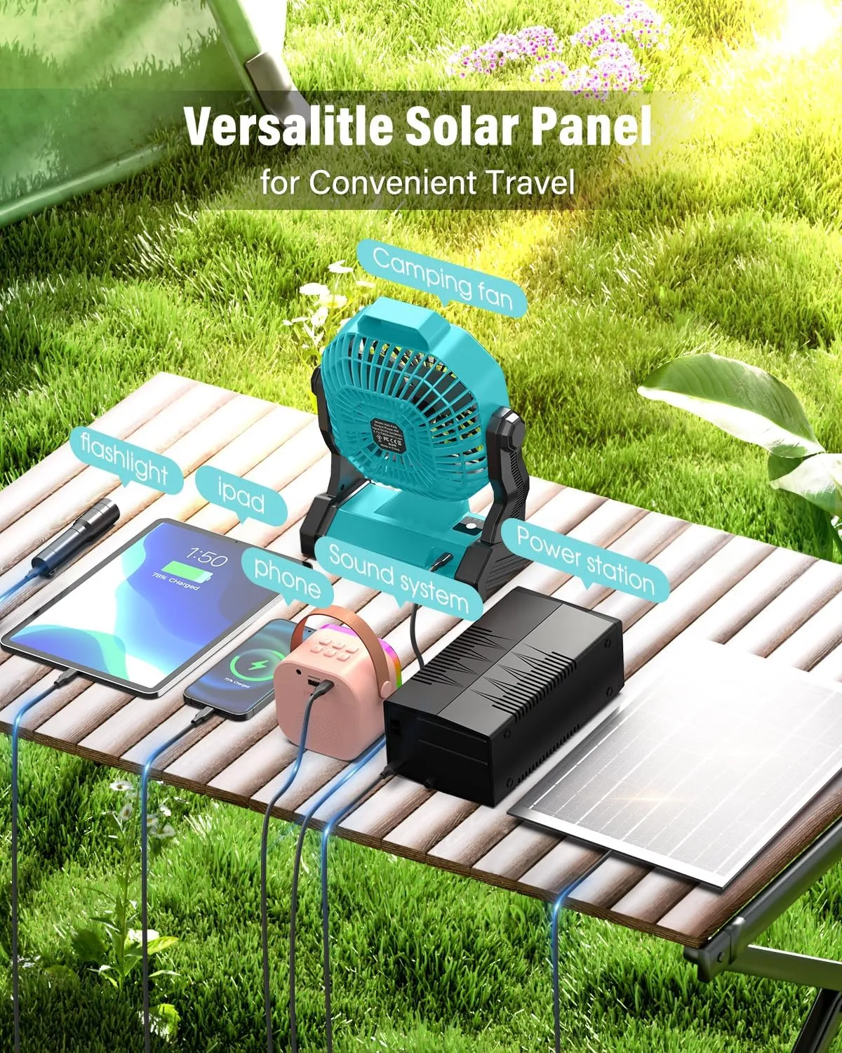 20000mAh Solar Fan, Camping Fan with Solar Panel, 7W 9-Inch Rechargeable Battery Operated Fans for Outside, LED Lantern, Stepless Speed and Quiet Battery Powered Solar Tent Fans for Outdoor, Barbecue