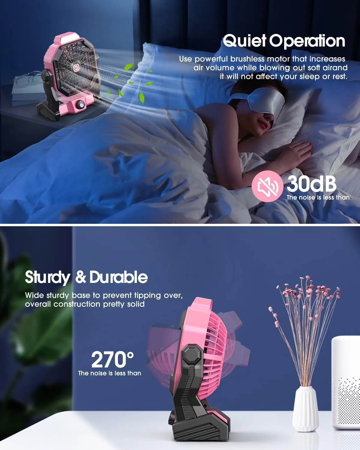 20000mAh Solar Fan, Camping Fan with Solar Panel, 7W 9-Inch Rechargeable Battery Operated Fans for Outside, LED Lantern, Stepless Speed and Quiet Battery Powered Solar Tent Fans for Outdoor, Barbecue