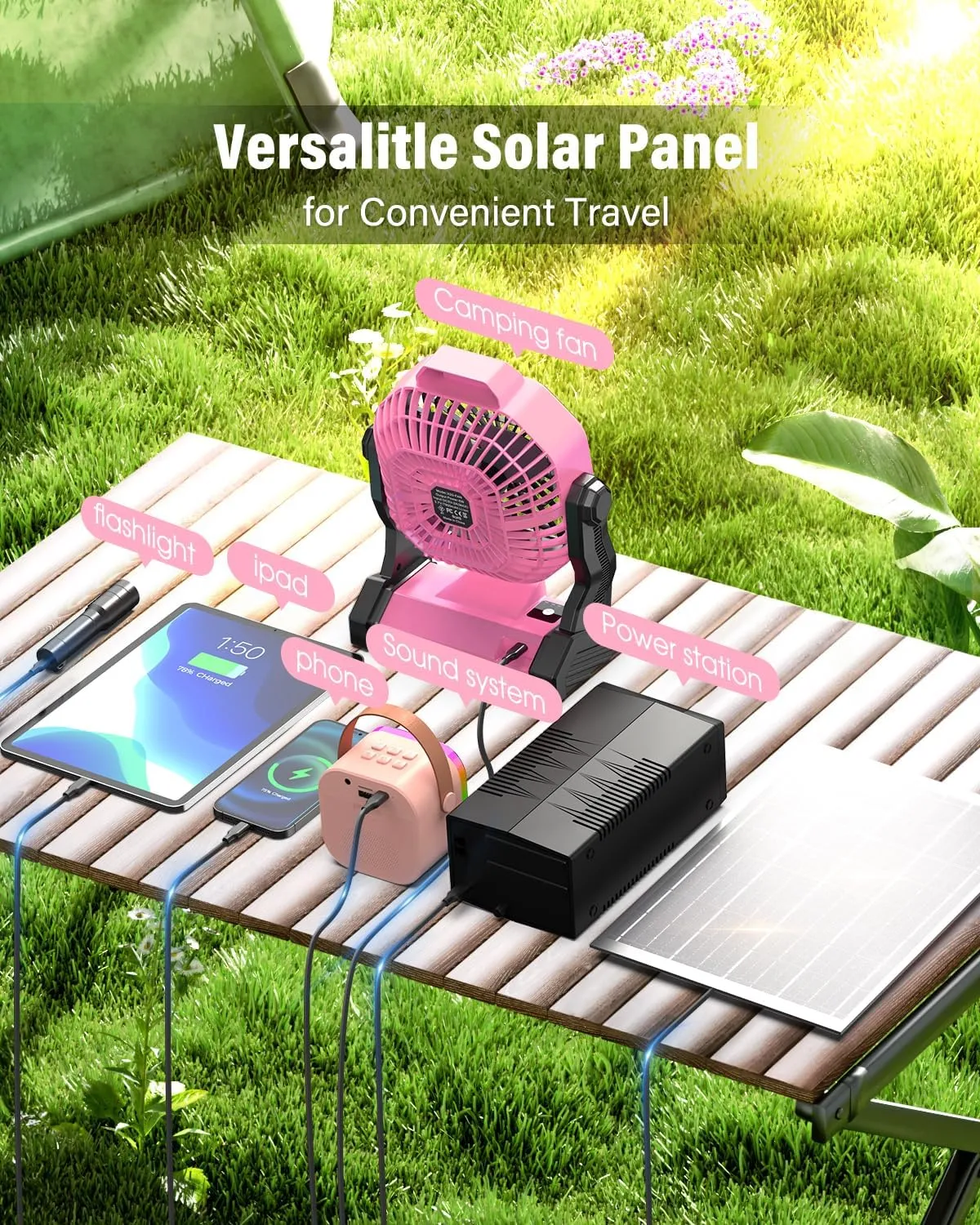 20000mAh Solar Fan, Camping Fan with Solar Panel, 7W 9-Inch Rechargeable Battery Operated Fans for Outside, LED Lantern, Stepless Speed and Quiet Battery Powered Solar Tent Fans for Outdoor, Barbecue