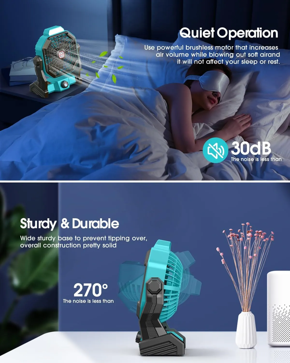 20000mAh Solar Fan, Camping Fan with Solar Panel, 7W 9-Inch Rechargeable Battery Operated Fans for Outside, LED Lantern, Stepless Speed and Quiet Battery Powered Solar Tent Fans for Outdoor, Barbecue