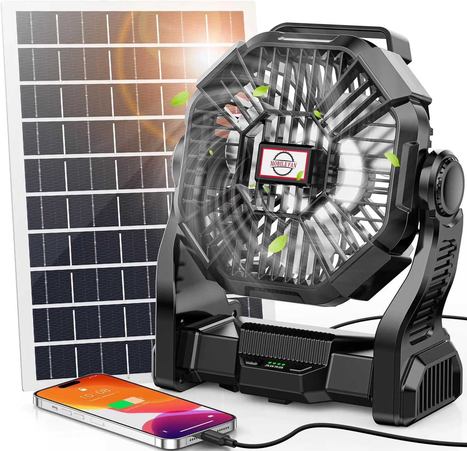 20000mAh Solar Fan with LED Lantern, 10W Solar Panel Rechargeable Battery Powered Camping Fan for Outside, 9 Inch Portable Battery Operated Hurricane Supplies for Picnic, Barbecue, Fishing, Travel Battery-powered portable fan