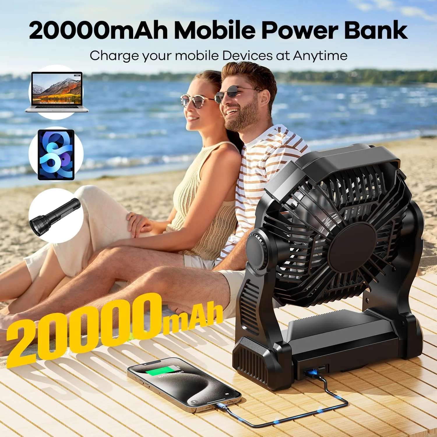 20000mAh Solar Fan with LED Lantern, 10W Solar Panel Rechargeable Battery Powered Camping Fan for Outside, 9 Inch Portable Battery Operated Hurricane Supplies for Picnic, Barbecue, Fishing, Travel