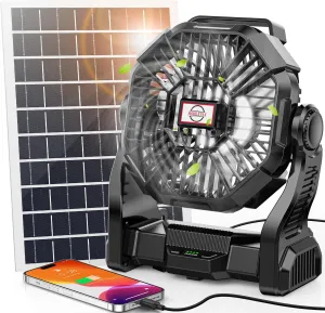 20000mAh Solar Fan with LED Lantern, 10W Solar Panel Rechargeable Battery Powered Camping Fan for Outside, 9 Inch Portable Battery Operated Hurricane Supplies for Picnic, Barbecue, Fishing, Travel Battery-powered portable fan