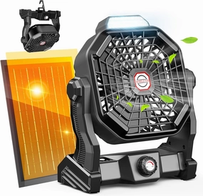 20000mAh Solar Camping Fan, 10W Solar Powered Fans with Solar Panel, Rechargeable Fan & Led Lantern, Battery Operated Powered Outdoor Tent Fans for Camping Summer Essentials (Black) Solar-powered car fan for ventilation
