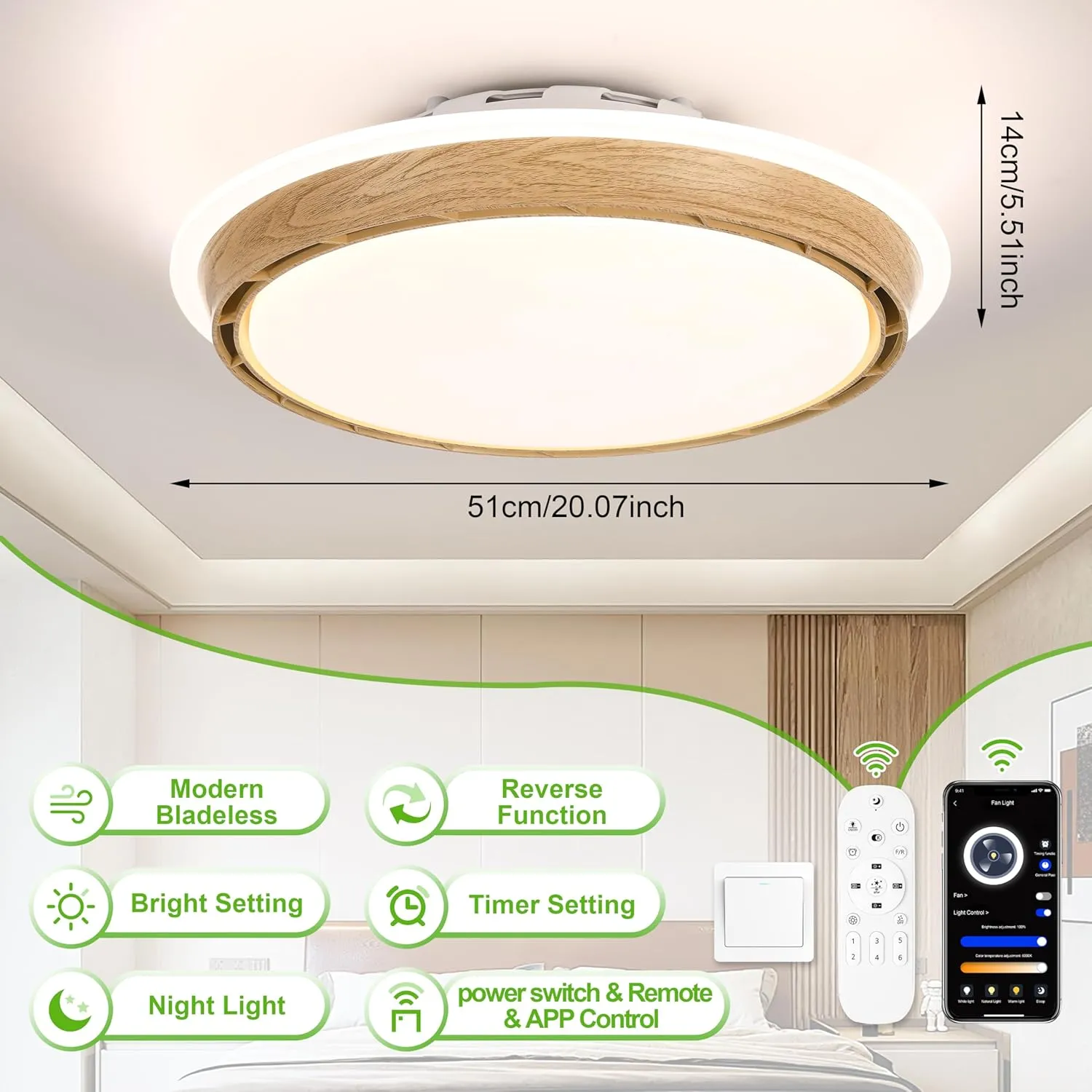 20.07" Bladeless Fandelier Ceiling Fan with Light  Dimmable LED, 3 Color Temperatures, 6 Wind Speeds, Remote & App Control, Low Profile Flush Mount Fan Light for Bedroom, Living Room (Wooden)