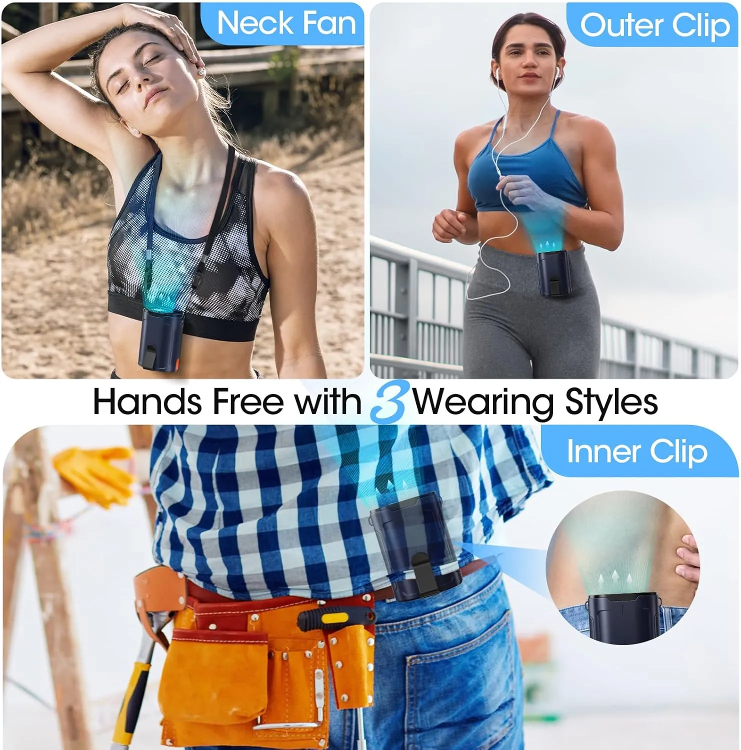 2025 AI Portable Fan Rechargeable, 4 Speeds 6600RPM Strong Airflow, Personal Waist Fan with up to 25H of Working Time, Hanging Neck Fan, Wearable Belt Fan for Camping, Outdoor, Jobsite - Blue