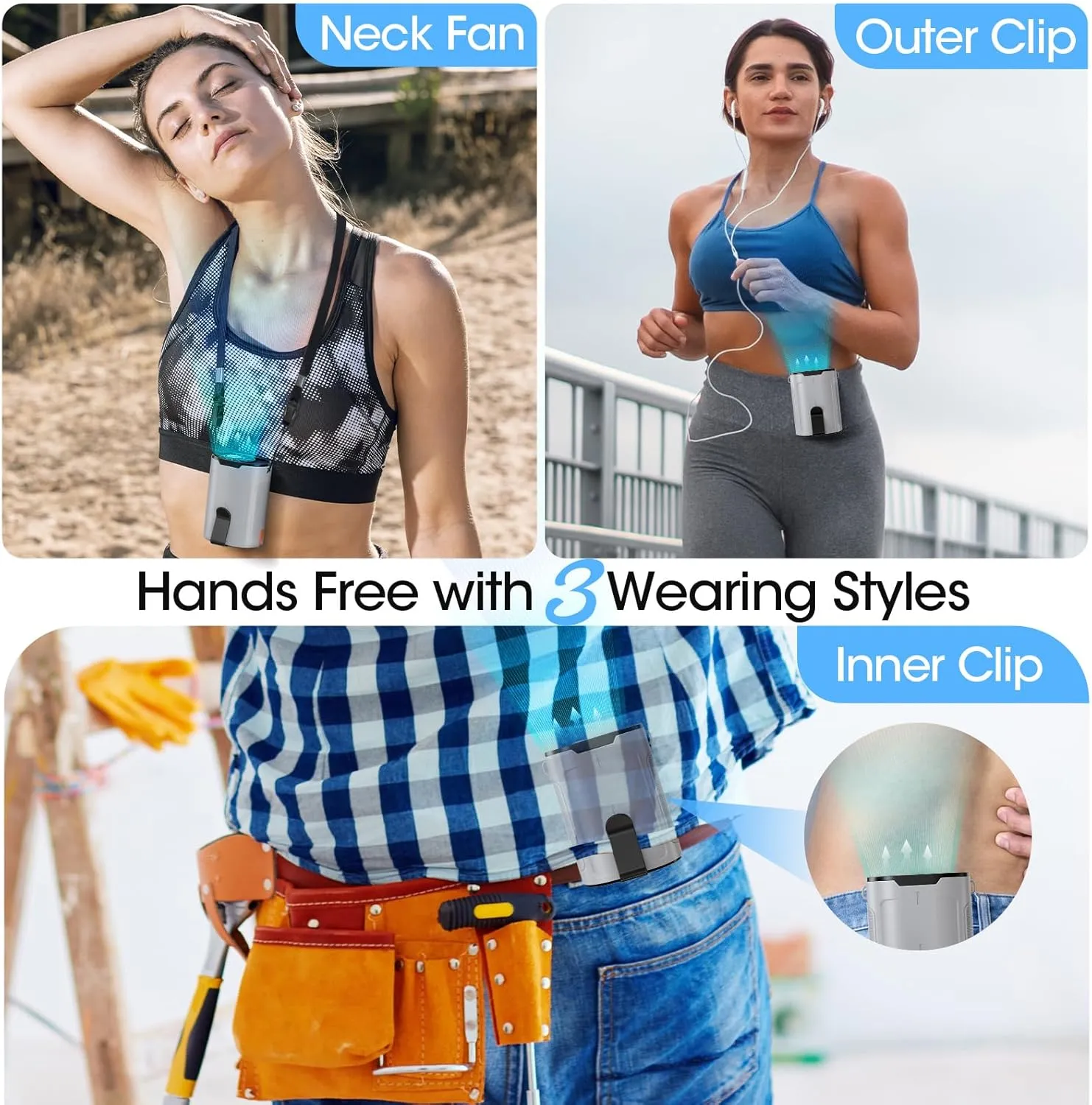 2025 AI Portable Fan Rechargeable, 4 Speeds 6600RPM Strong Airflow, Personal Waist Fan with up to 25H of Working Time, Hanging Neck Fan, Wearable Belt Fan for Camping, Outdoor, Jobsite - Gray