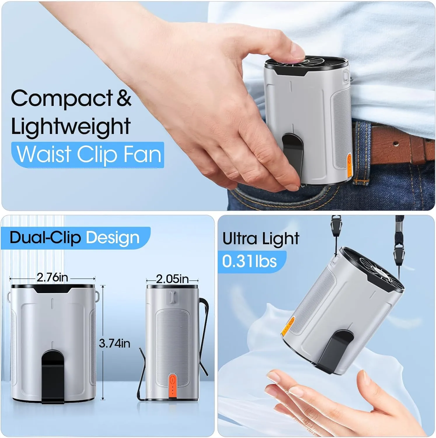 2025 AI Portable Fan Rechargeable, 4 Speeds 6600RPM Strong Airflow, Personal Waist Fan with up to 25H of Working Time, Hanging Neck Fan, Wearable Belt Fan for Camping, Outdoor, Jobsite - Gray