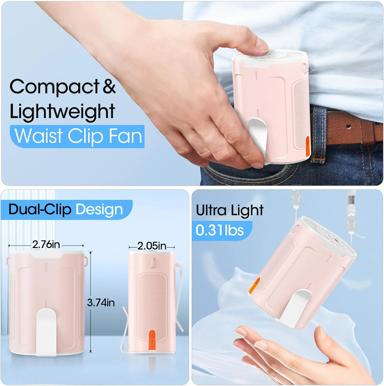 2025 AI Portable Fan Rechargeable, 4 Speeds 6600RPM Strong Airflow, Personal Waist Fan with up to 25H of Working Time, Hanging Neck Fan, Wearable Belt Fan for Camping, Outdoor, Jobsite - Pink