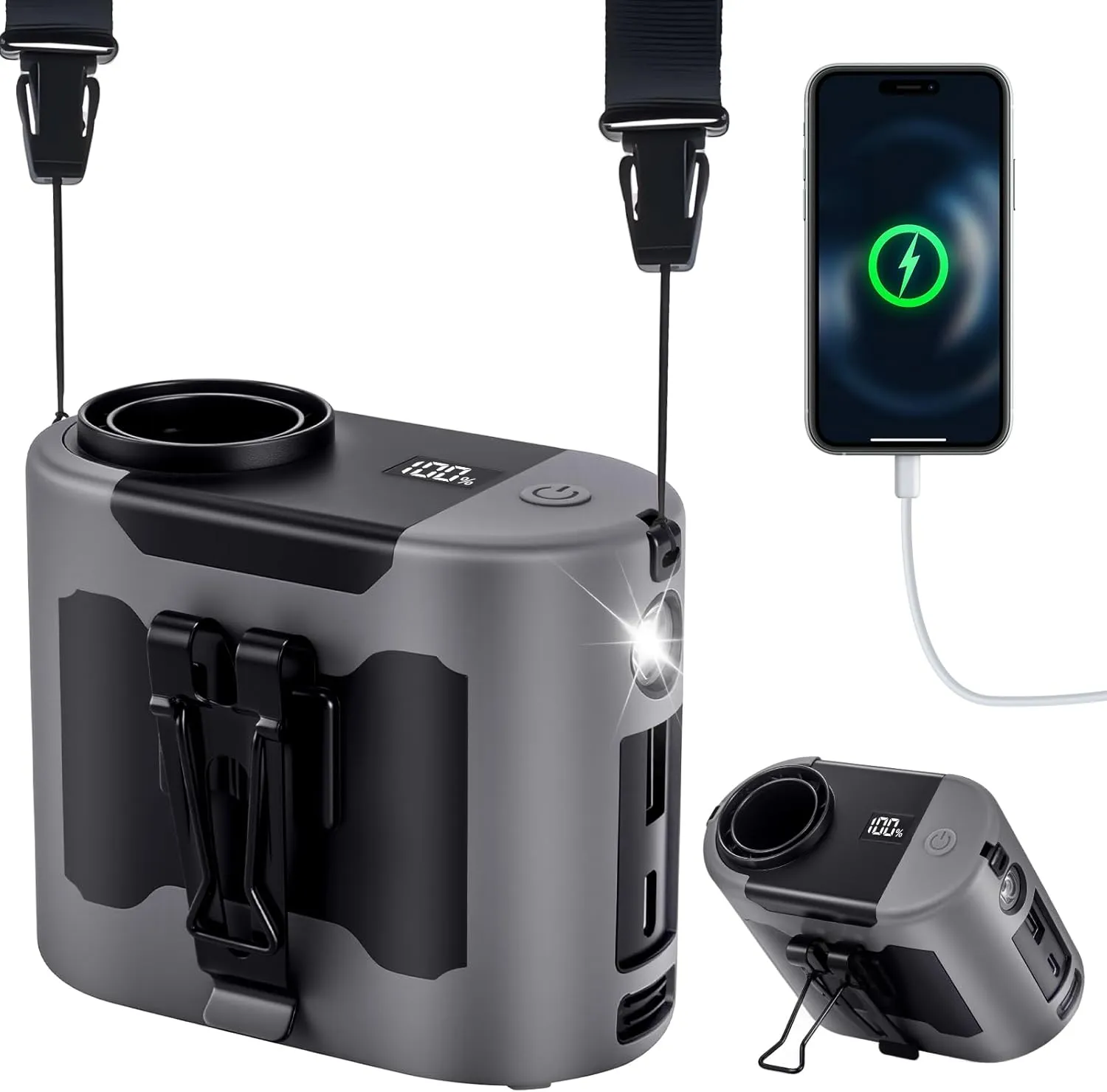 2025 AI Portable Waist Fan 40H, 14800mAh Rechargeable Wearable Shirt Clip Fan with Light, 16000 RPM Cooling Neck Body, Powerful 5 Speeds Belt Personal Cooling Fans for Outdoor Jobsite Camping Travel Waist-mounted portable fan for outdoor use