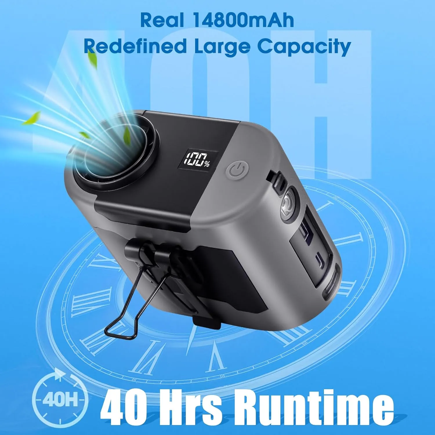 2025 AI Portable Waist Fan 40H, 14800mAh Rechargeable Wearable Shirt Clip Fan with Light, 16000 RPM Cooling Neck Body, Powerful 5 Speeds Belt Personal Cooling Fans for Outdoor Jobsite Camping Travel