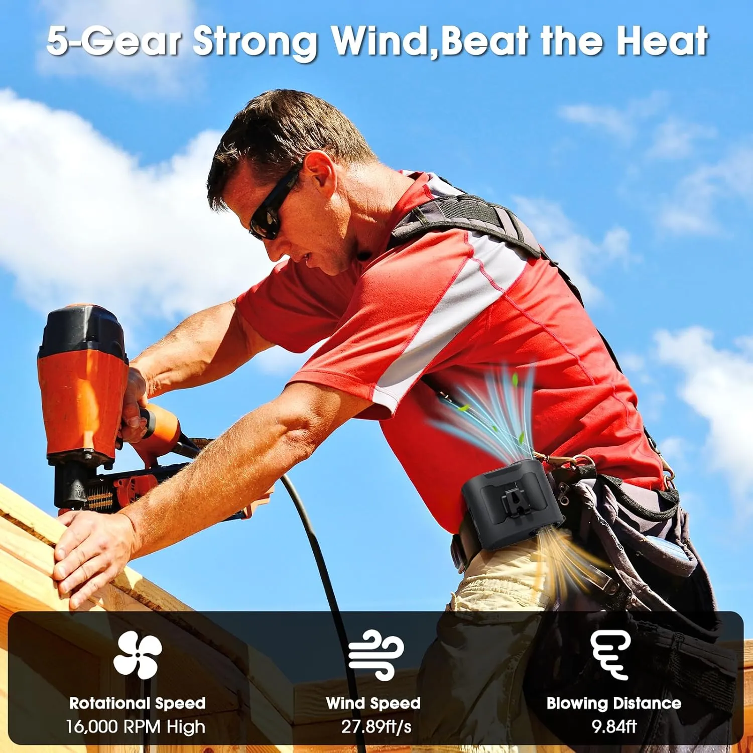 2025 AI Portable Waist Fan 40H14800mAh Rechargeable Wearable Shirt Clip Fan with Light, 16000 RPM Cooling Neck Body, Powerful 5 Speeds Belt Personal Cooling Fans for Outdoor Jobsite Camping Travel