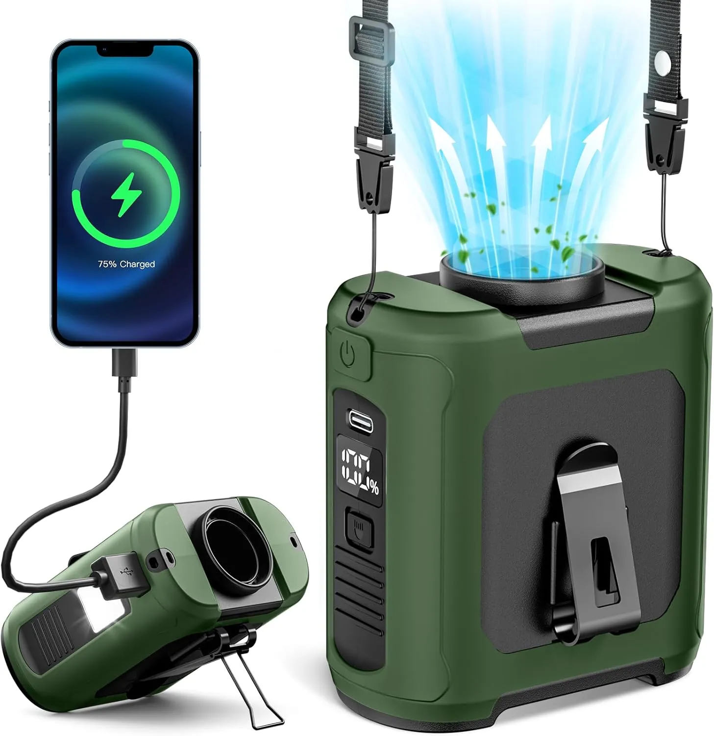 2025 AI Portable Waist Fan, 5 Speeds 16000 RPM Powerful & 40H Runtime Clip-On Wearable Shirt Belt Fan with Light, 10000mAh Rechargeable Hands-Free Hanging Neck Fan for Outdoor Jobsite Camping Travel Neck fan for hands-free comfort