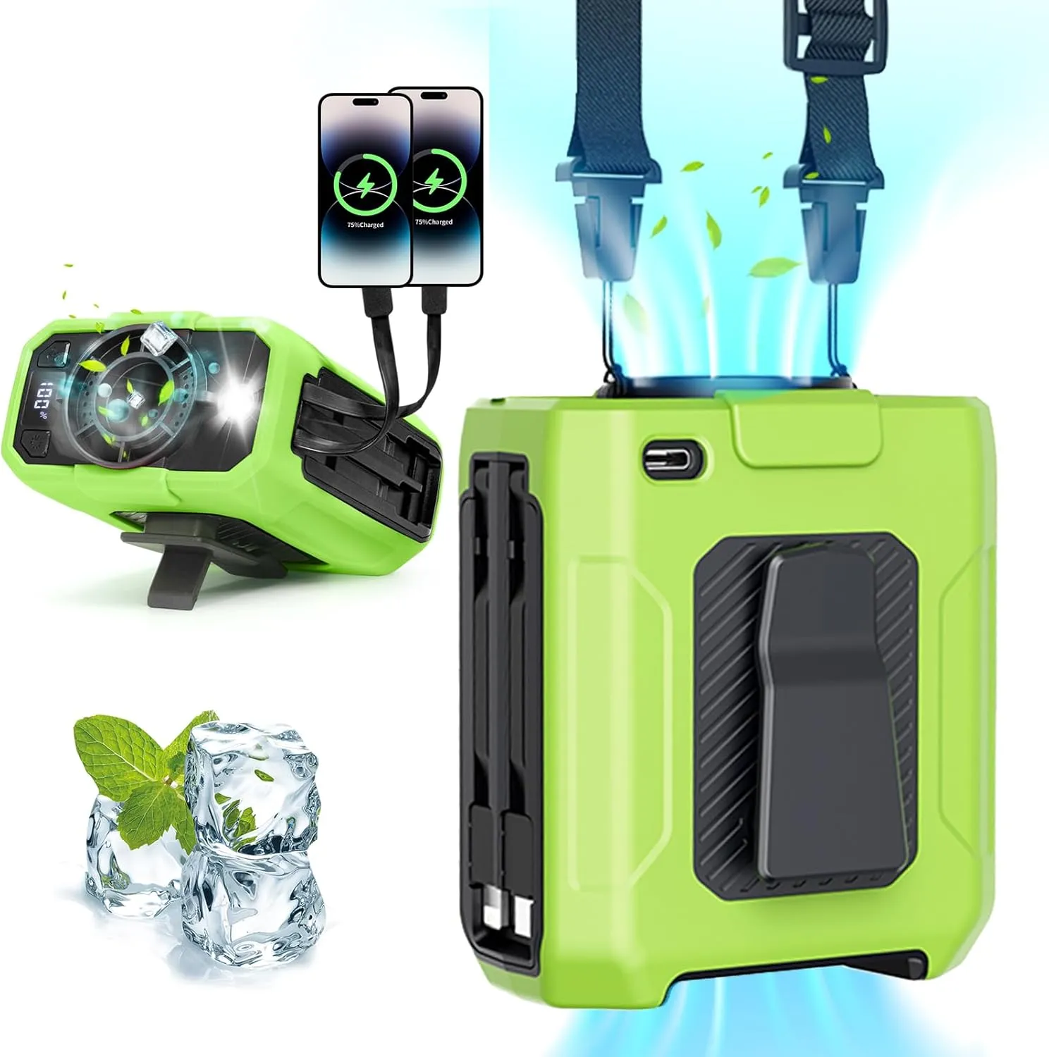 2025 AI Portable Waist Fan Clip with Built-in Charging Cable | 10000mAh 40H Rechargeable Battery & 5-Speed 16000RPM Cooling | SOS Flashlight Wearable Belt Fan for Outdoor Work, Camping, Farm, Jobsite Waist-mounted portable fan for outdoor use