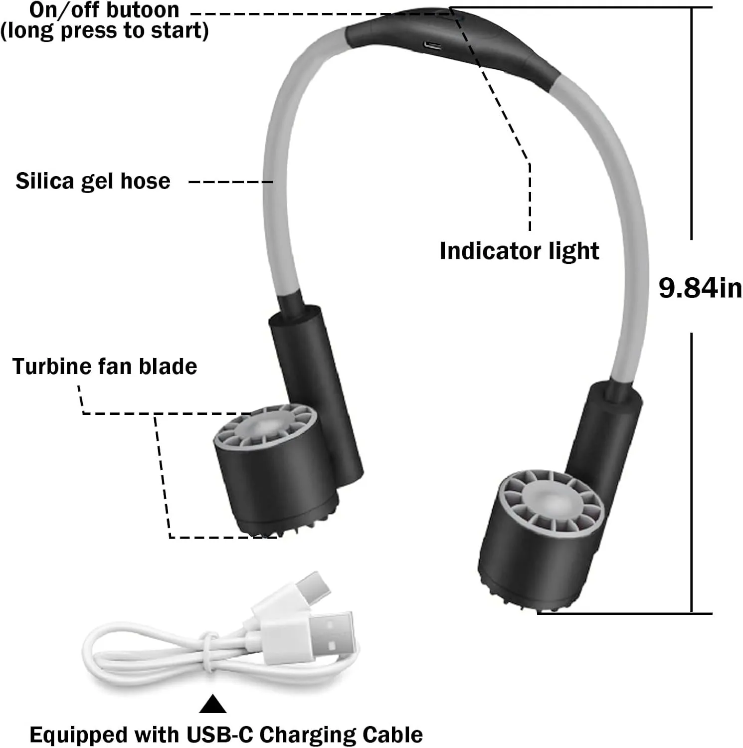 (2025 new version) Neck fan, USB rechargeable personal fan, powered by 2400mAh battery, 3-speed adjustable, faster cooling, flexible adjustment, suitable for home, office, travel, sports (Black)