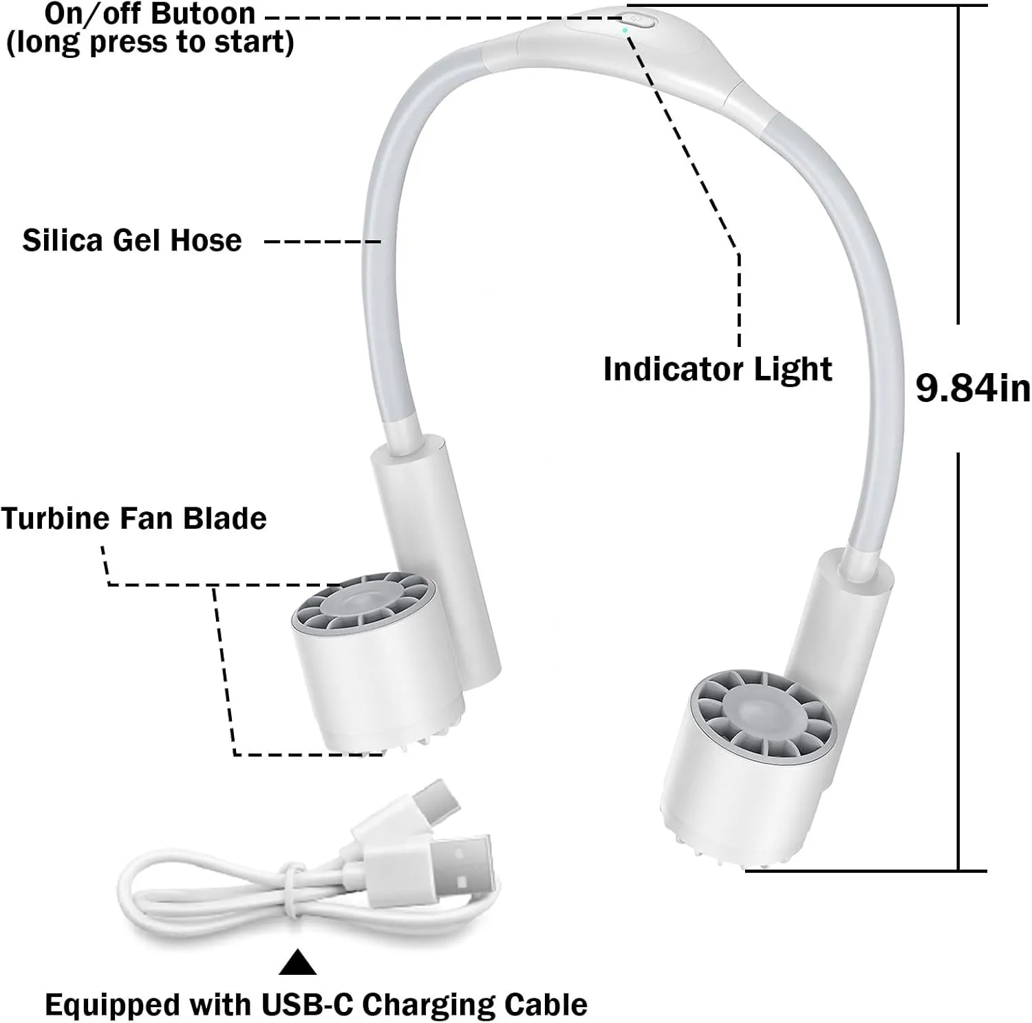 (2025 new version) Neck fan, USB rechargeable personal fan, powered by 2400mAh battery, 3-speed adjustable, faster cooling, flexible adjustment, suitable for home, office, travel, sports (White)